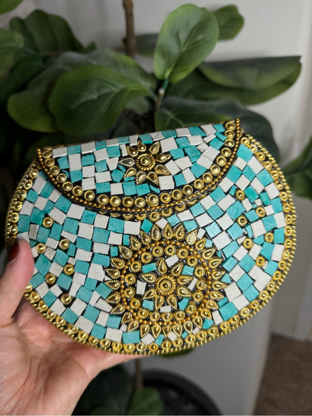 RAMLA Handcrafted Turquoise Mosaic Half-Moon Clutch